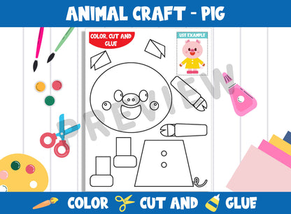 Animal Craft Activity - Pig : Color, Cut, and Glue for PreK to 2nd Grade, PDF File, Instant Download