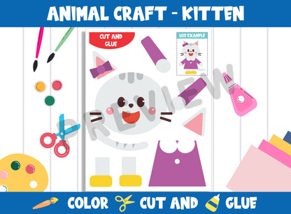 Animal Craft Activity - Kitten : Color, Cut, and Glue for PreK to 2nd Grade, PDF File, Instant Download