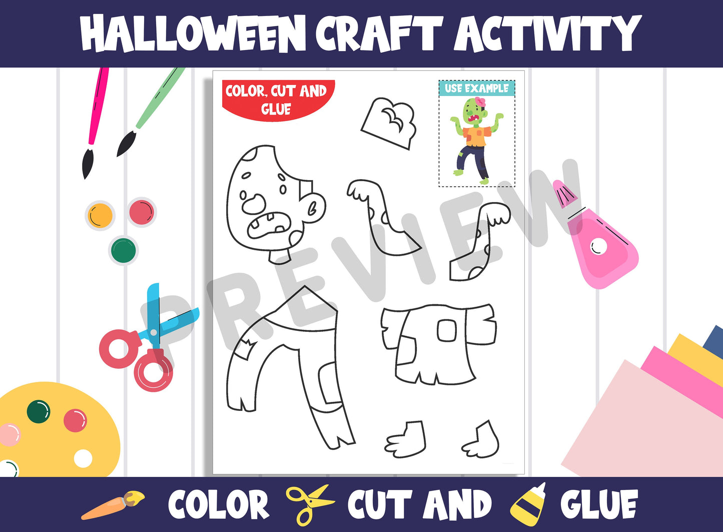 Cute Halloween Character Craft Activity - Color, Cut, and Glue for PreK to 2nd Grade, PDF File, Instant Download