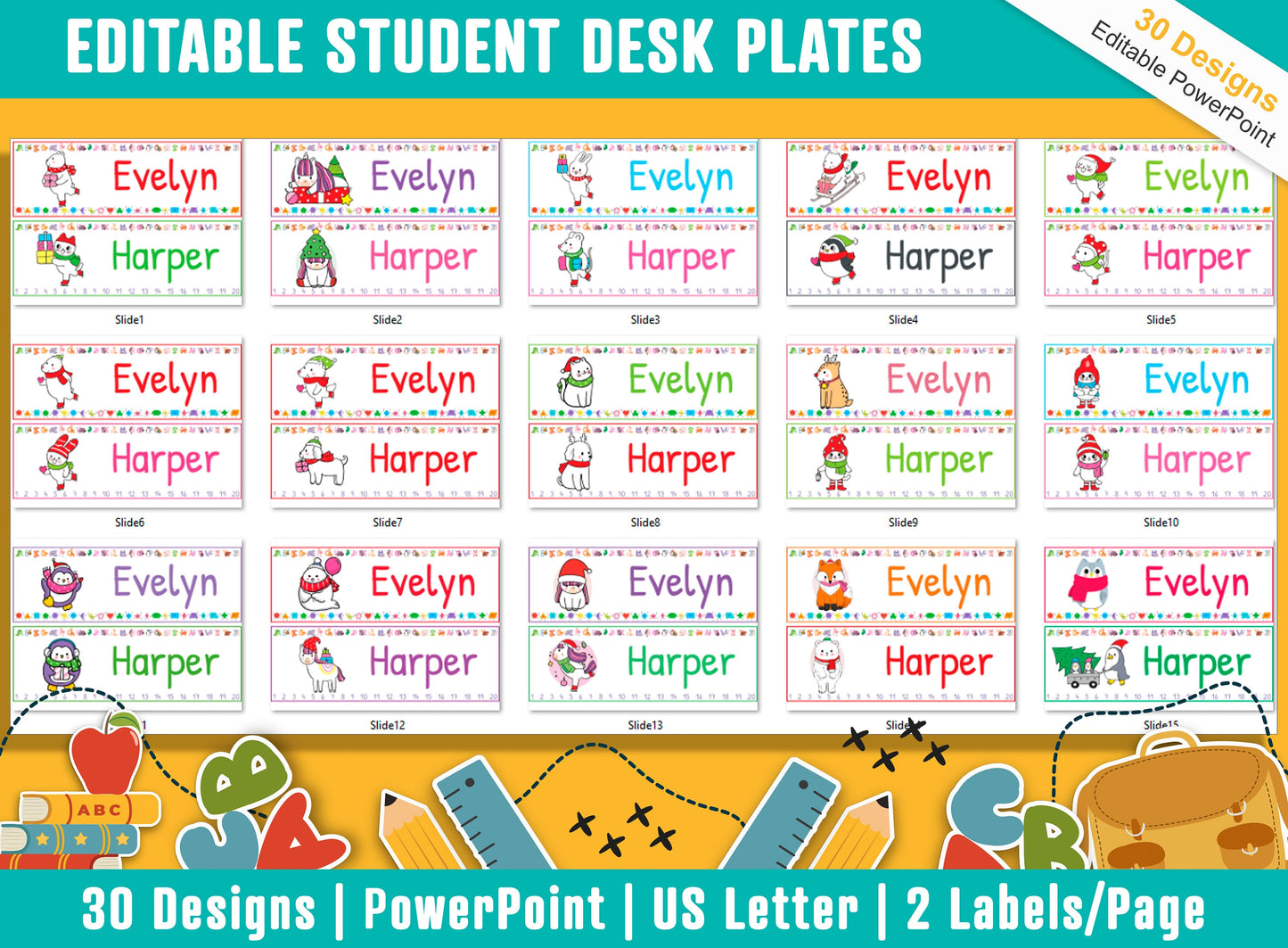 Winter Animal Student Desk Plates: 30 Editable Designs with PowerPoint, US Letter Size, Instant Download