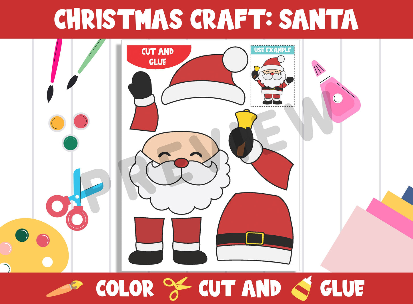 Christmas Crafts for Kids: Santa Claus - Color, Cut, and Glue for PreK to 2nd Grade, PDF File, Instant Download
