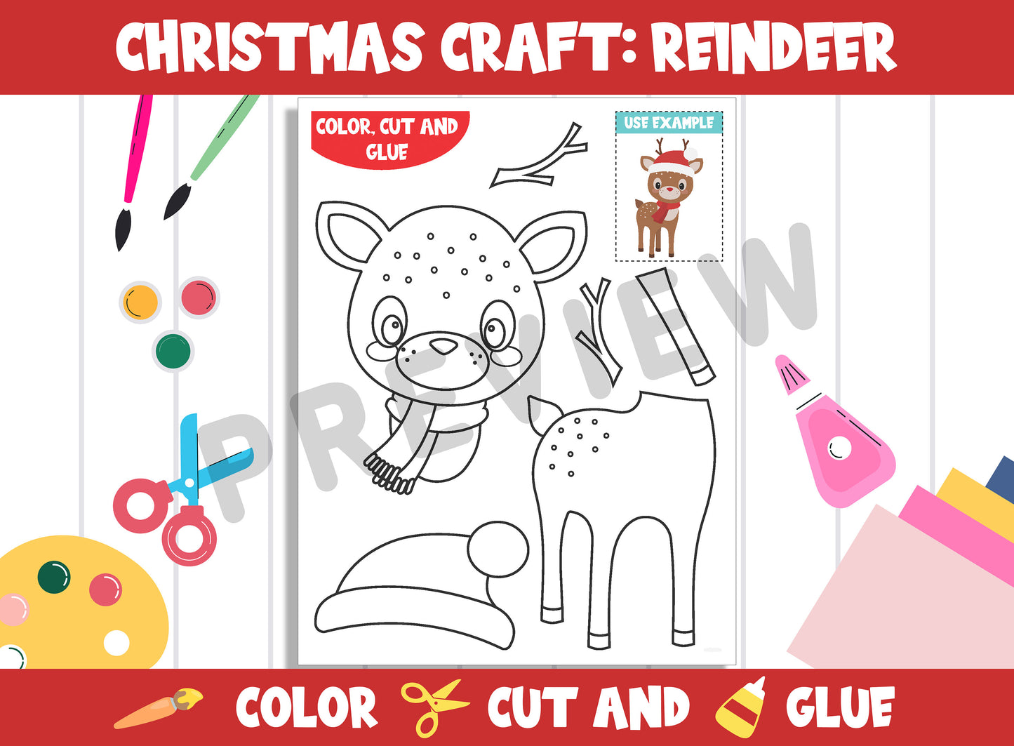Christmas Crafts for Kids: Reindeer - Color, Cut, and Glue for PreK to 2nd Grade, PDF File, Instant Download