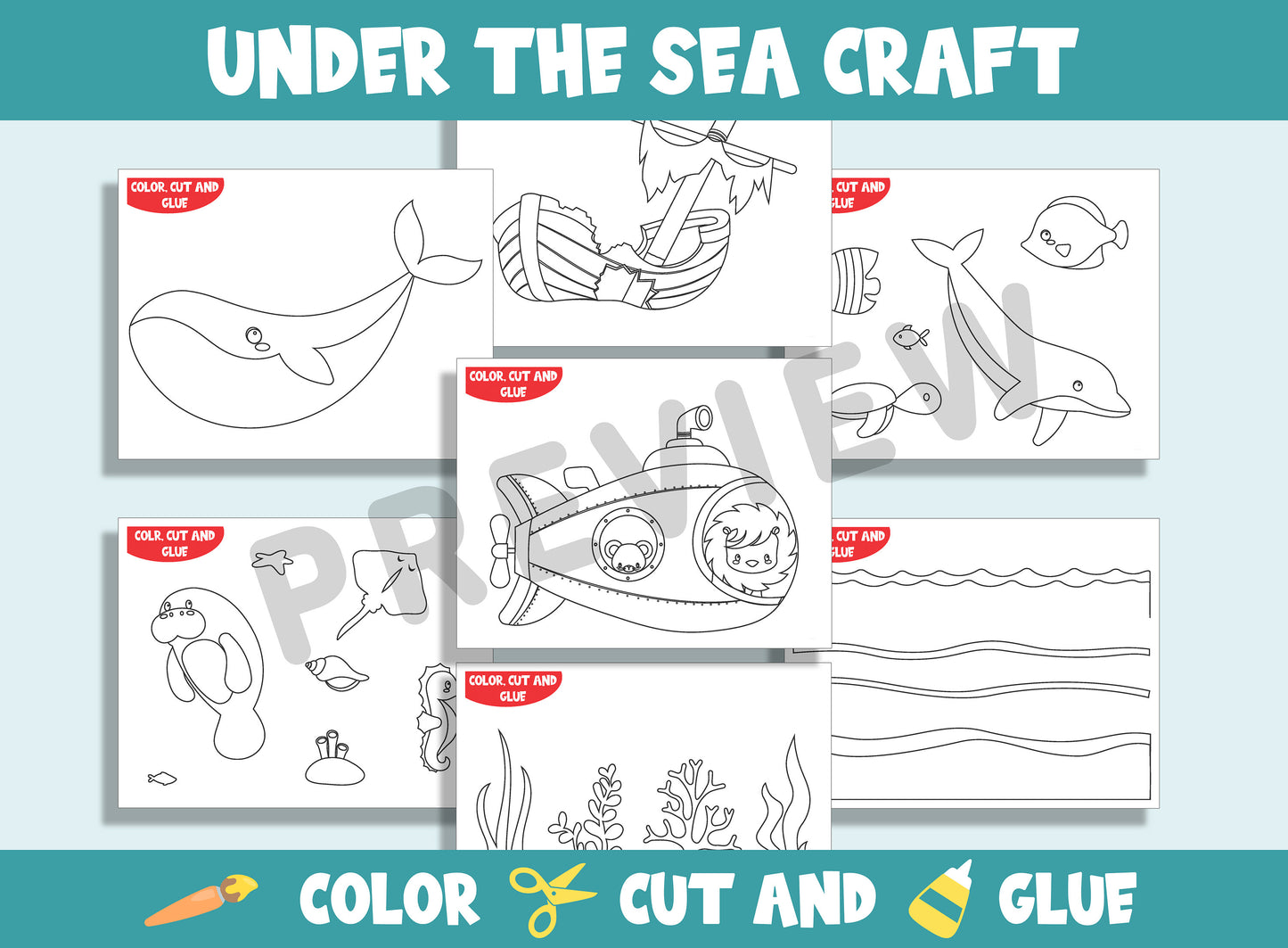 Under The Sea Crafts for Kids - Color, Cut, and Glue for PreK to 2nd Grade, 15 Pages, PDF File, Instant Download