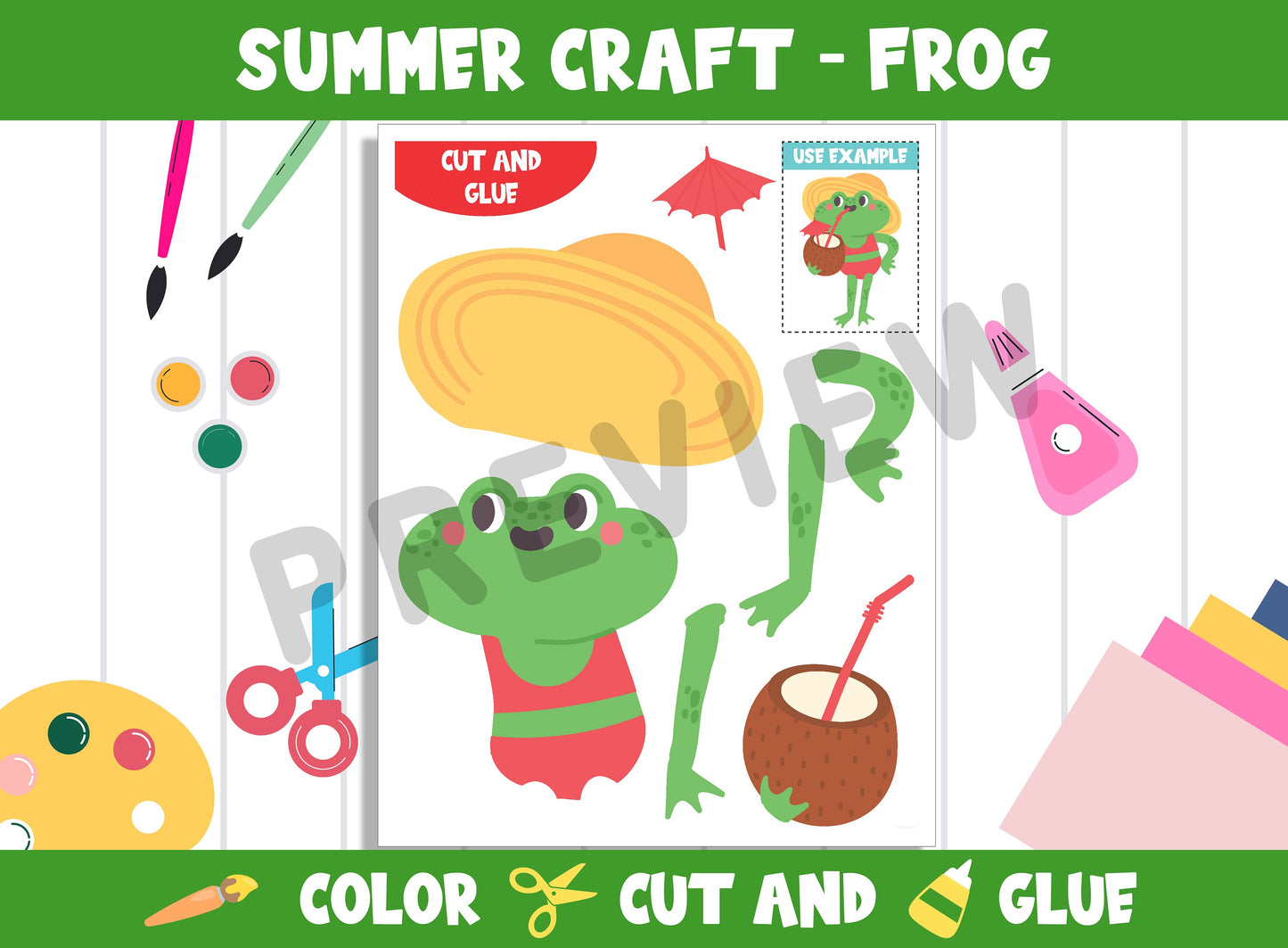 Summer Craft Activity: Frog - Color, Cut, and Glue for PreK to 2nd Grade, PDF File, Instant Download