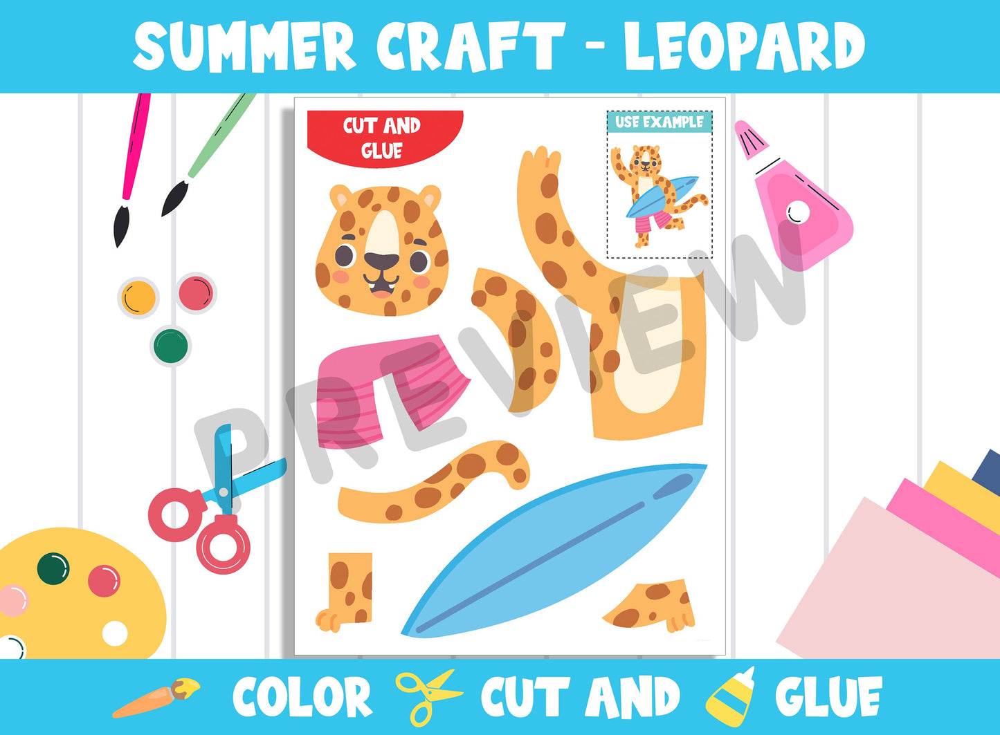 Summer Craft Activity: Leopard - Color, Cut, and Glue for PreK to 2nd Grade, PDF File, Instant Download