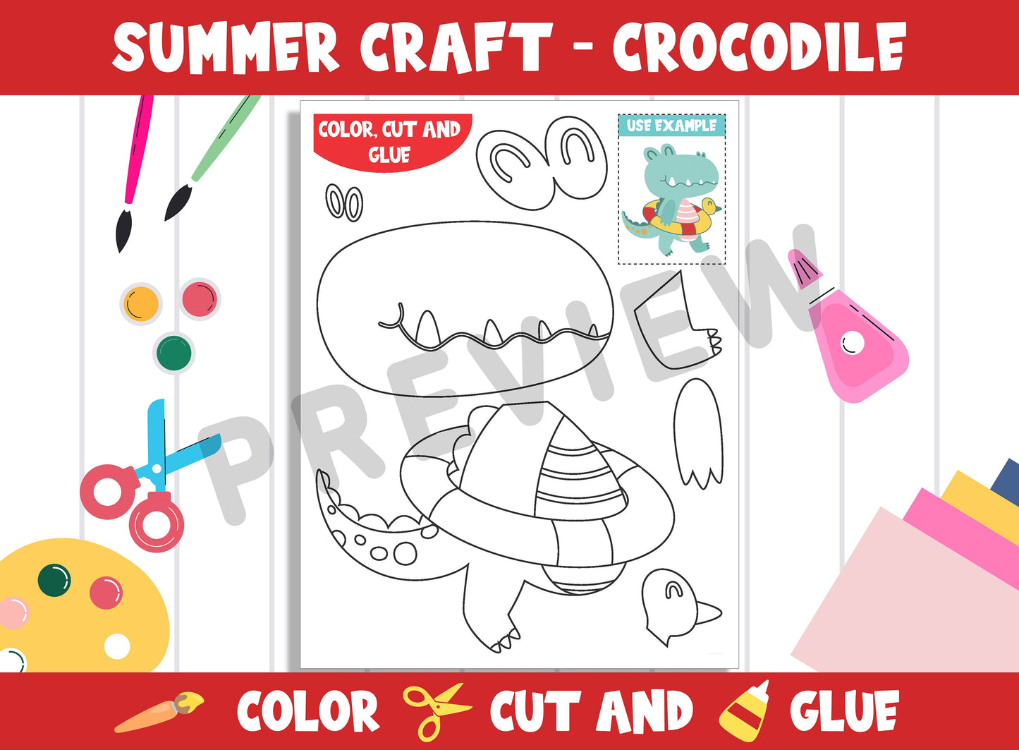 Summer Craft Activity: Crocodile - Color, Cut, and Glue for PreK to 2nd Grade, PDF File, Instant Download