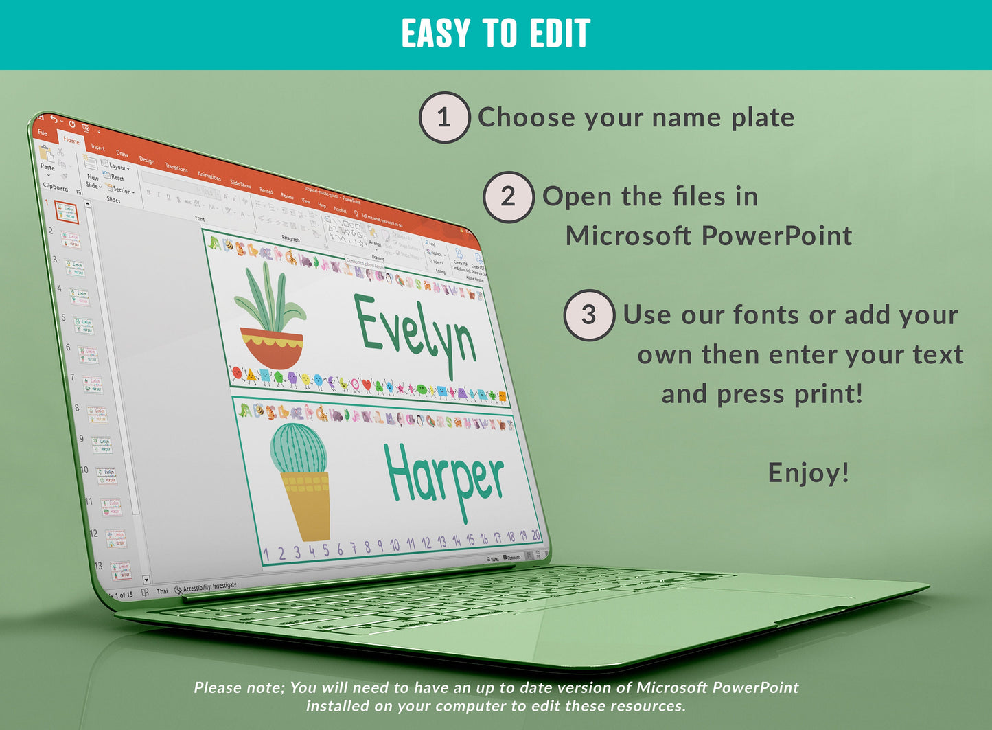 Tropical House Plant Student Desk Plates: 30 Editable Designs with PowerPoint, US Letter Size, Instant Download