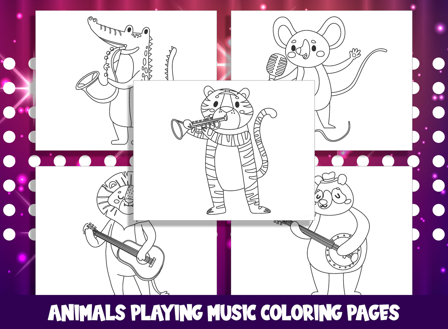 Animals Playing Music Coloring Pages: 20 Melodious Designs, PDF File, Instant Download