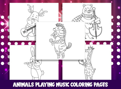 Animals Playing Music Coloring Pages: 20 Melodious Designs, PDF File, Instant Download