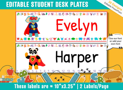 Animal Superheroes Student Desk Plates: 30 Editable Designs with PowerPoint, US Letter Size, Instant Download