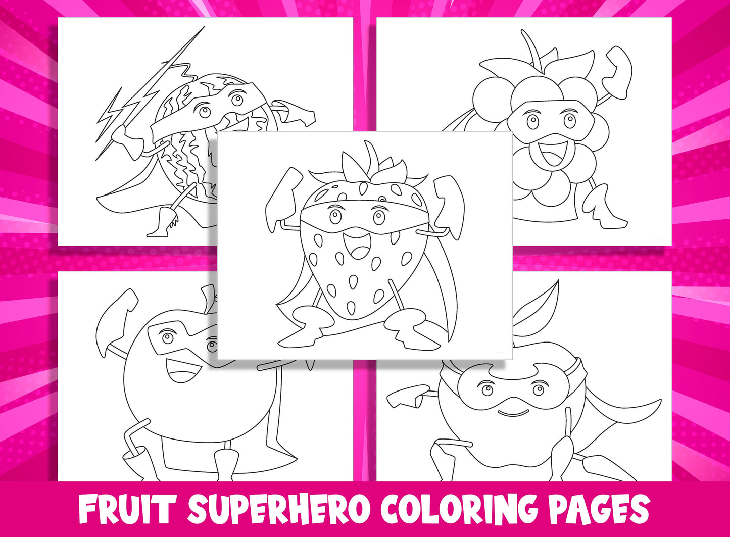Fruit Superhero Coloring Pages: 20 Fruity Heroes to Color, PDF File, Instant Download