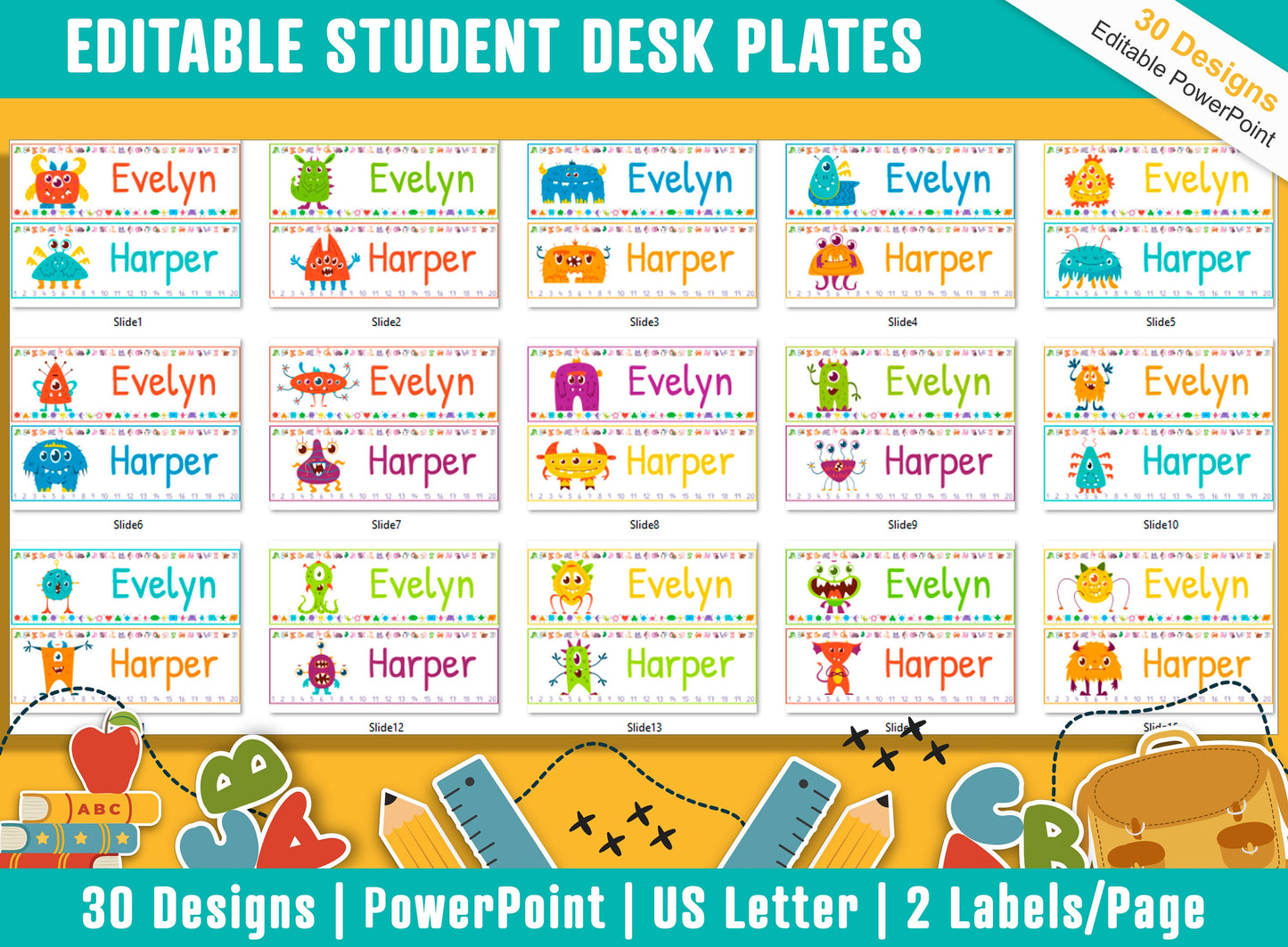 Monster Student Desk Plates: 30 Editable Designs with PowerPoint, US Letter Size, Instant Download