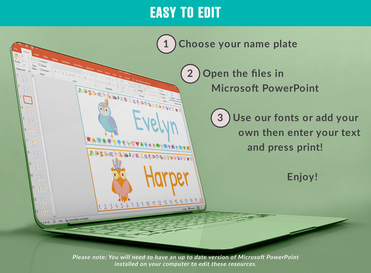 Cute Owl Student Desk Plates: 30 Editable Designs with PowerPoint, US Letter Size, Instant Download