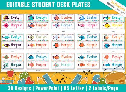 Tropical Fish Student Desk Plates: 30 Editable Designs with PowerPoint, US Letter Size, Instant Download